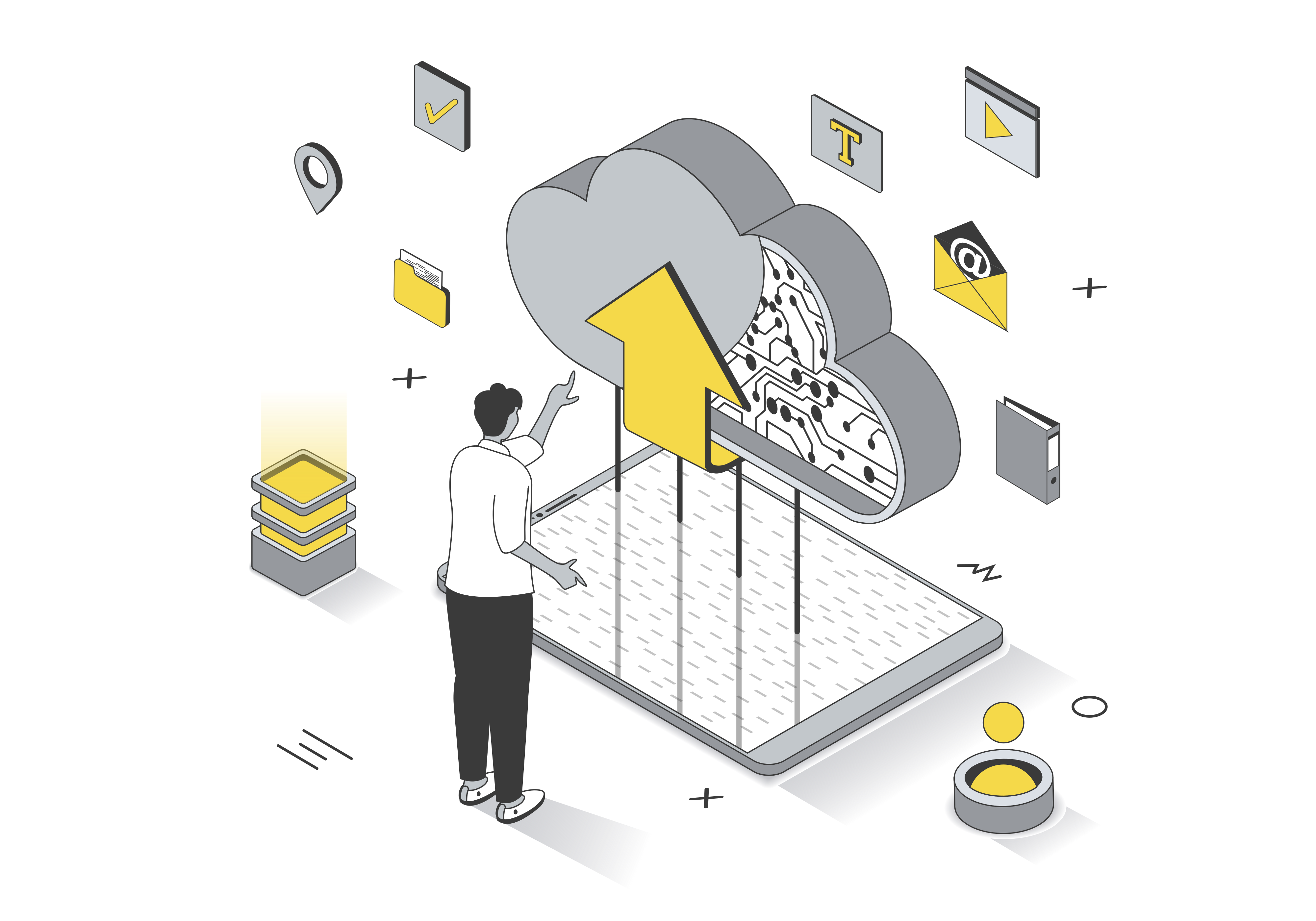 A man in front of a physical cloud with circuits representing the 'cloud'